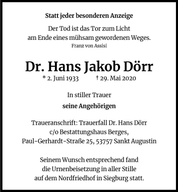 Anzeige von Hans Jakob Dörr von Kölner Stadt-Anzeiger / Kölnische Rundschau / Express