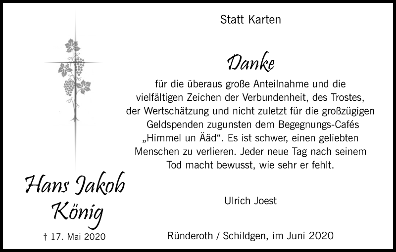  Traueranzeige für Hans Jakob König vom 27.06.2020 aus Kölner Stadt-Anzeiger / Kölnische Rundschau / Express