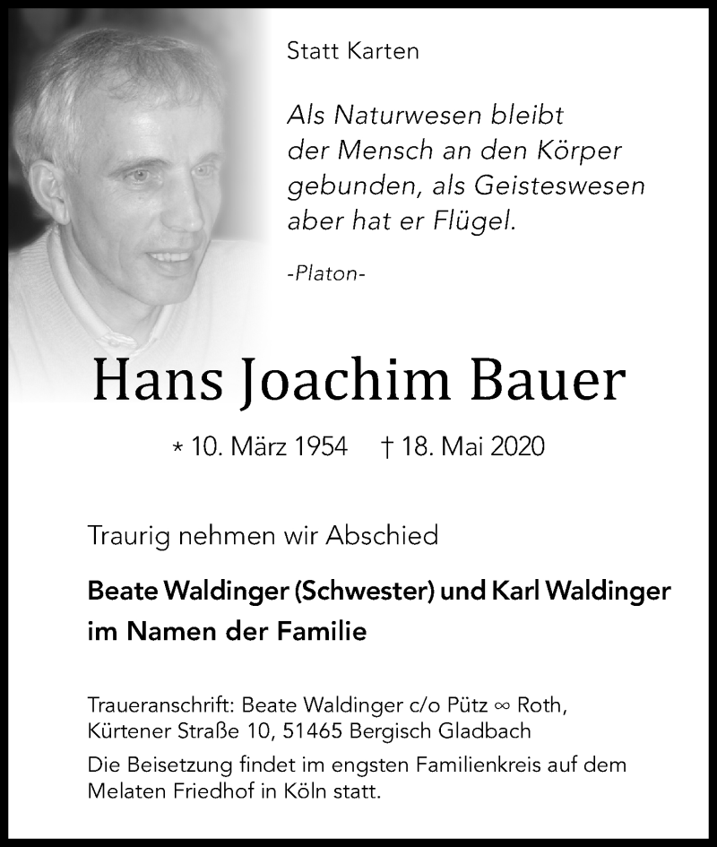  Traueranzeige für Hans Joachim Bauer vom 06.06.2020 aus Kölner Stadt-Anzeiger / Kölnische Rundschau / Express