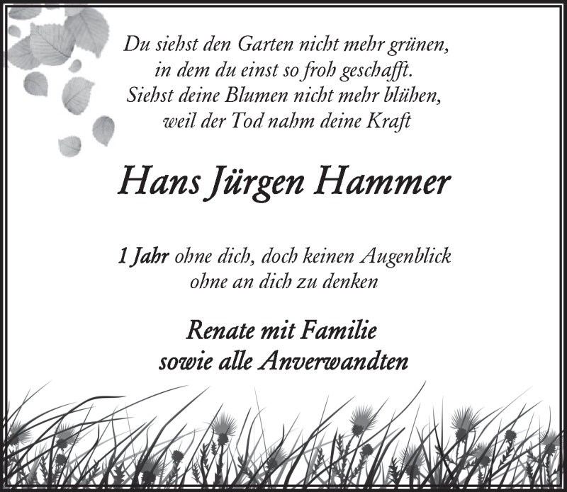  Traueranzeige für Hans Jürgen Hammer vom 27.06.2020 aus  Blickpunkt Euskirchen 