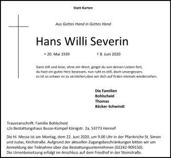 Anzeige von Hans Willi Severin von Kölner Stadt-Anzeiger / Kölnische Rundschau / Express
