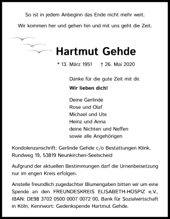 Anzeige von Hartmut Gehde von Kölner Stadt-Anzeiger / Kölnische Rundschau / Express