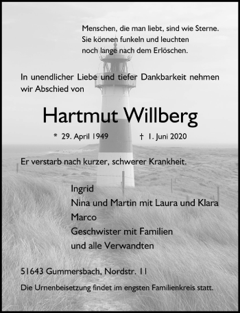 Anzeige von Hartmut Willberg von  Anzeigen Echo 