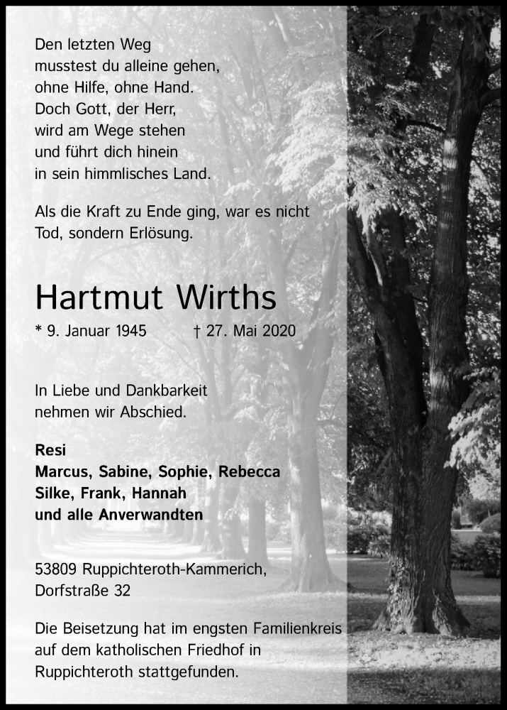  Traueranzeige für Hartmut Wirths vom 03.06.2020 aus Kölner Stadt-Anzeiger / Kölnische Rundschau / Express