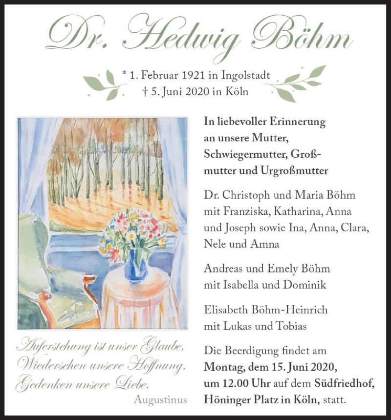  Traueranzeige für Hedwig Böhm vom 13.06.2020 aus Kölner Stadt-Anzeiger / Kölnische Rundschau / Express