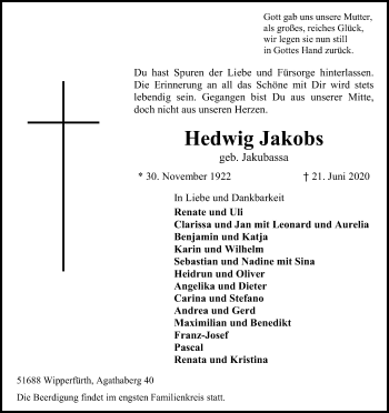 Anzeige von Hedwig Jakobs von Kölner Stadt-Anzeiger / Kölnische Rundschau / Express