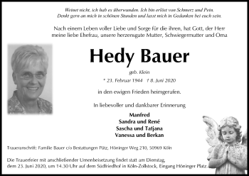 Anzeige von Hedy Bauer von Kölner Stadt-Anzeiger / Kölnische Rundschau / Express