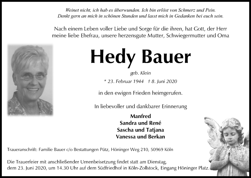  Traueranzeige für Hedy Bauer vom 17.06.2020 aus Kölner Stadt-Anzeiger / Kölnische Rundschau / Express