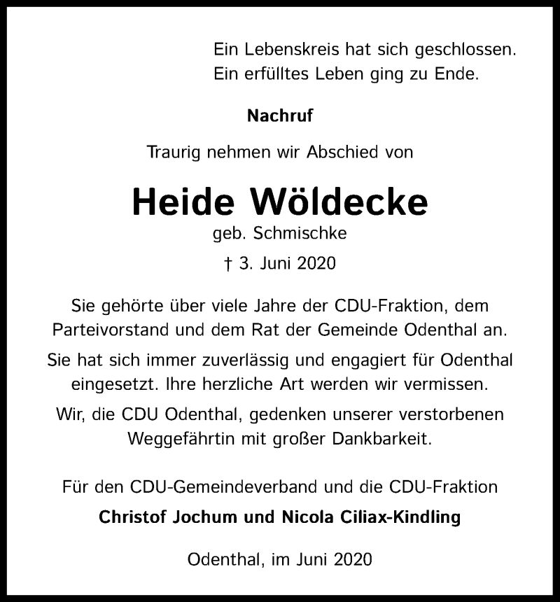  Traueranzeige für Heide Wöldecke vom 20.06.2020 aus Kölner Stadt-Anzeiger / Kölnische Rundschau / Express