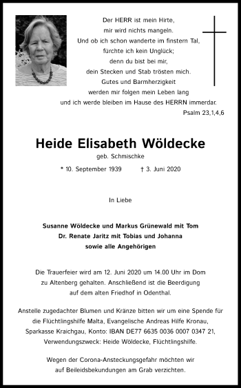 Anzeige von Heide Elisabeth Wöldecke von Kölner Stadt-Anzeiger / Kölnische Rundschau / Express