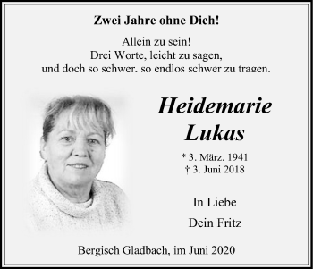 Anzeige von Heidemarie Lukas von Kölner Stadt-Anzeiger / Kölnische Rundschau / Express
