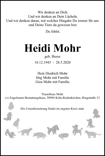 Anzeige von Heidi Mohr von Kölner Stadt-Anzeiger / Kölnische Rundschau / Express