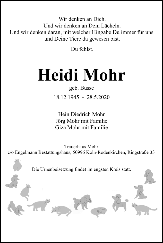  Traueranzeige für Heidi Mohr vom 06.06.2020 aus Kölner Stadt-Anzeiger / Kölnische Rundschau / Express