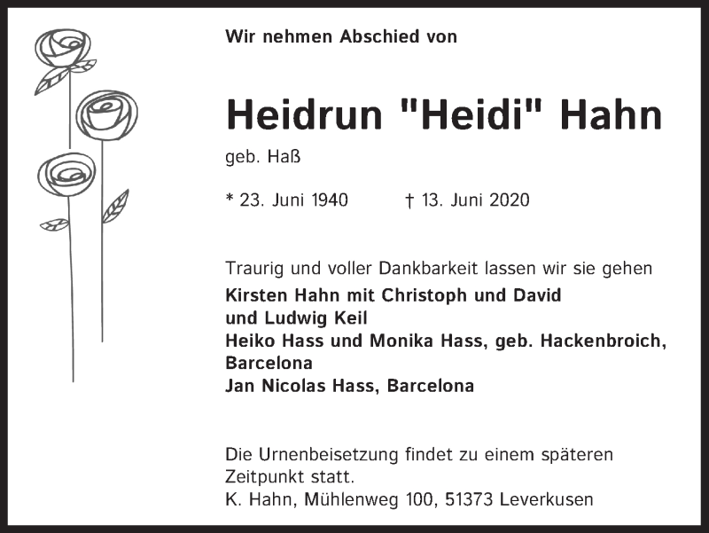  Traueranzeige für Heidrun Hahn vom 20.06.2020 aus Kölner Stadt-Anzeiger / Kölnische Rundschau / Express