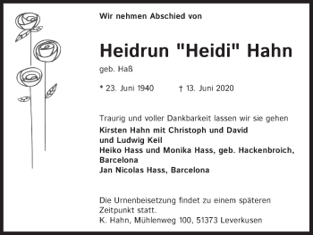 Anzeige von Heidrun Hahn von Kölner Stadt-Anzeiger / Kölnische Rundschau / Express