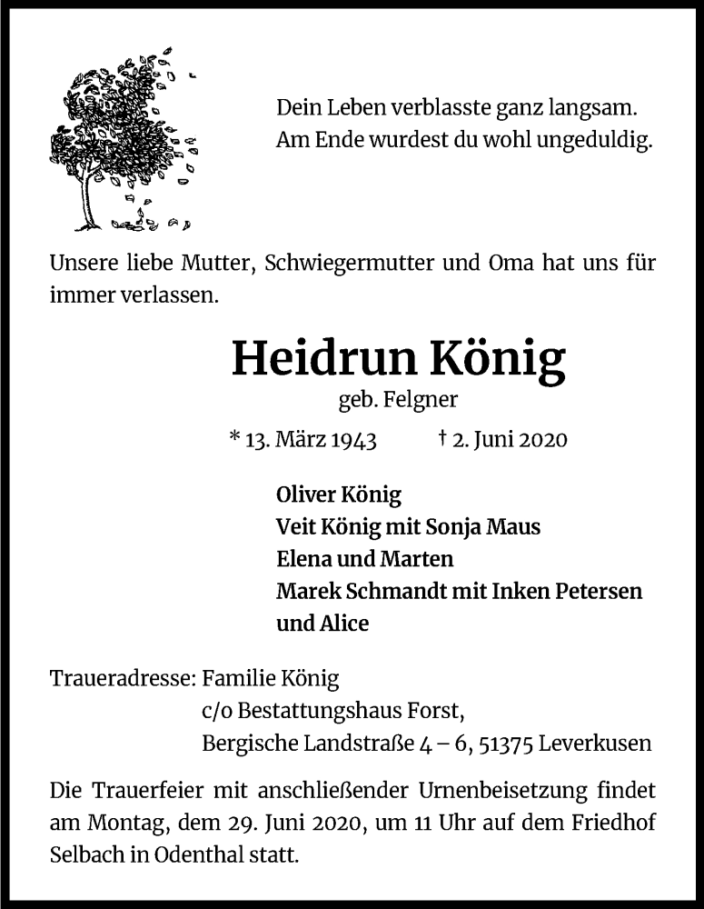  Traueranzeige für Heidrun König vom 20.06.2020 aus Kölner Stadt-Anzeiger / Kölnische Rundschau / Express