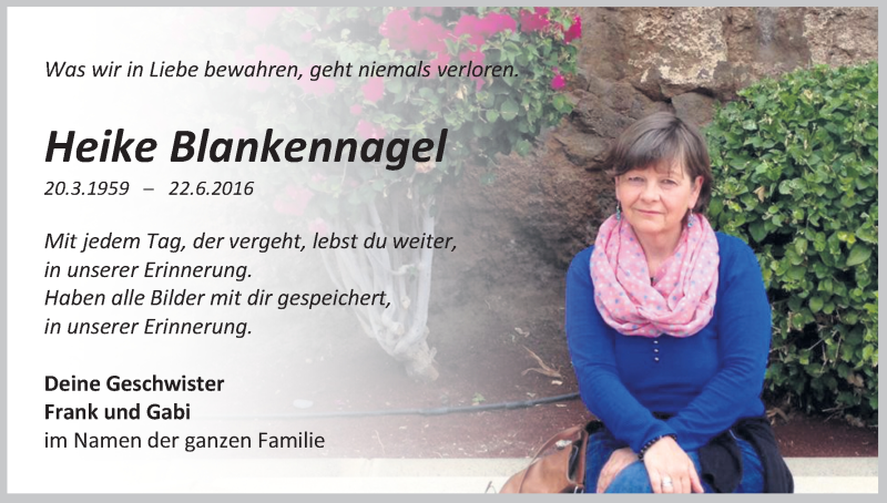  Traueranzeige für Heike Blankennagel vom 22.06.2020 aus Kölner Stadt-Anzeiger / Kölnische Rundschau / Express