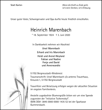 Anzeige von Heinrich Marenbach von  Anzeigen Echo 