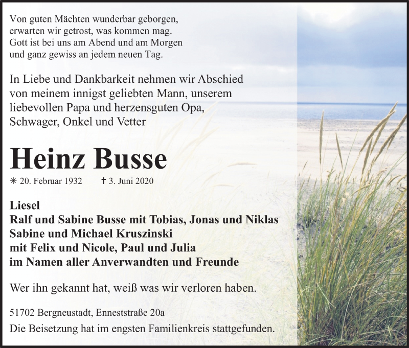  Traueranzeige für Heinz Busse vom 13.06.2020 aus Kölner Stadt-Anzeiger / Kölnische Rundschau / Express