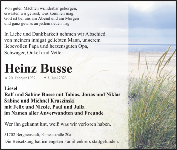 Anzeige von Heinz Busse von Kölner Stadt-Anzeiger / Kölnische Rundschau / Express