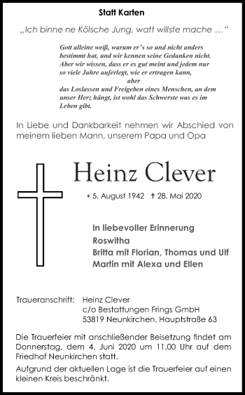 Anzeige von Heinz Clever von Kölner Stadt-Anzeiger / Kölnische Rundschau / Express
