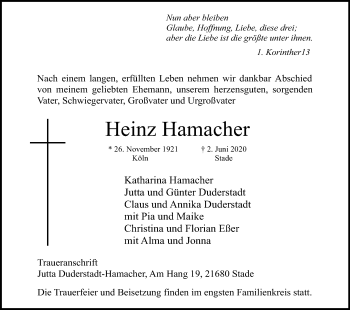 Anzeige von Heinz Hamacher von Kölner Stadt-Anzeiger / Kölnische Rundschau / Express