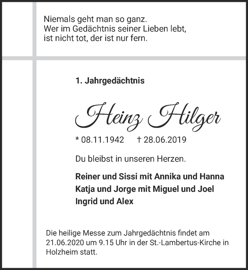  Traueranzeige für Heinz Hilger vom 13.06.2020 aus  Blickpunkt Euskirchen 
