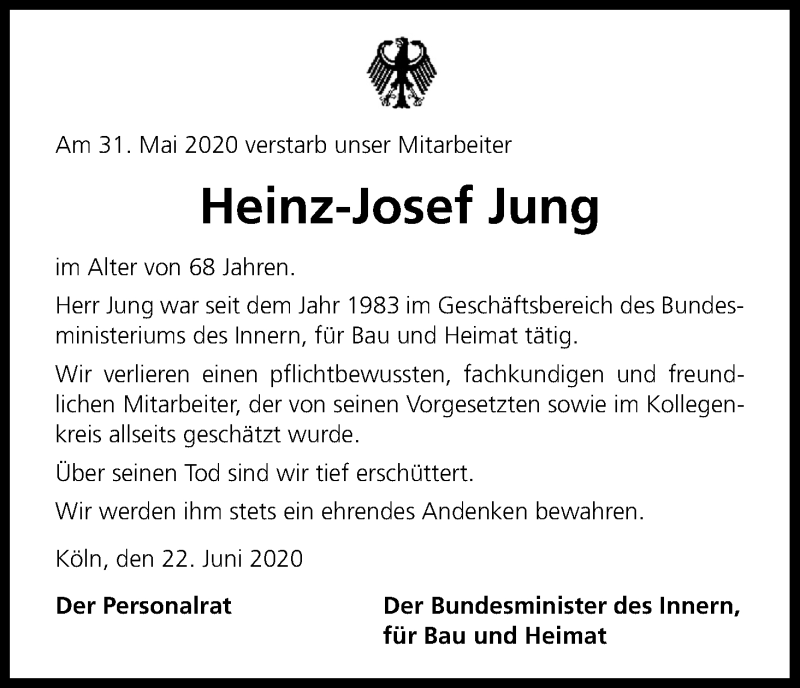  Traueranzeige für Heinz-Josef Jung vom 23.06.2020 aus Kölner Stadt-Anzeiger / Kölnische Rundschau / Express