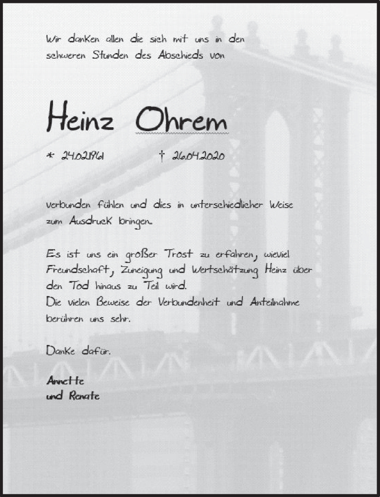  Traueranzeige für Heinz Ohrem vom 26.06.2020 aus  Werbepost 