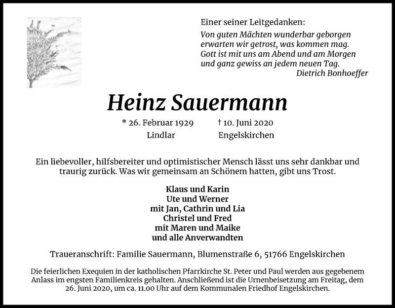  Traueranzeige für Heinz Sauermann vom 20.06.2020 aus Kölner Stadt-Anzeiger / Kölnische Rundschau / Express