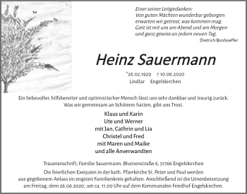 Anzeige von Heinz Sauermann von  Anzeigen Echo 