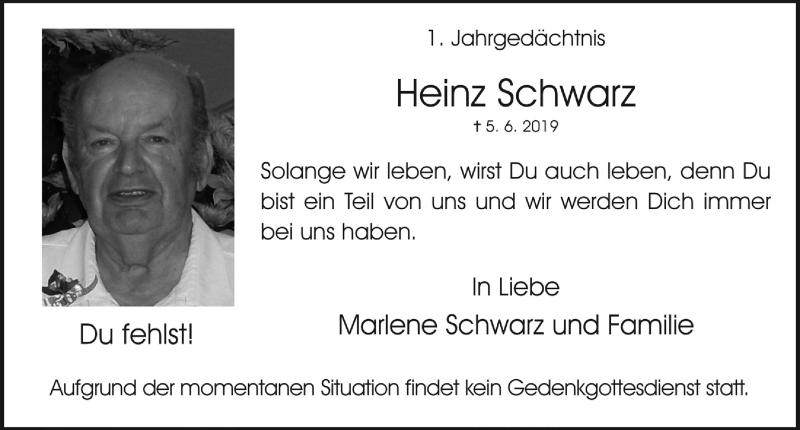  Traueranzeige für Heinz Schwarz vom 12.06.2020 aus  Schaufenster/Blickpunkt 