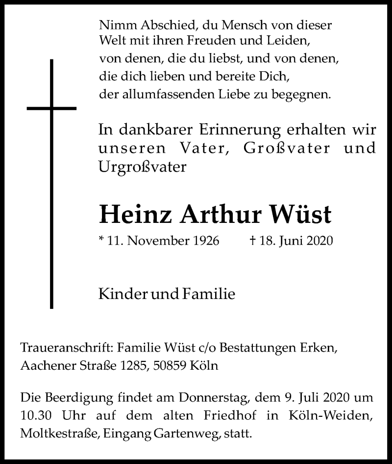  Traueranzeige für Heinz Arthur Wüst vom 27.06.2020 aus Kölner Stadt-Anzeiger / Kölnische Rundschau / Express