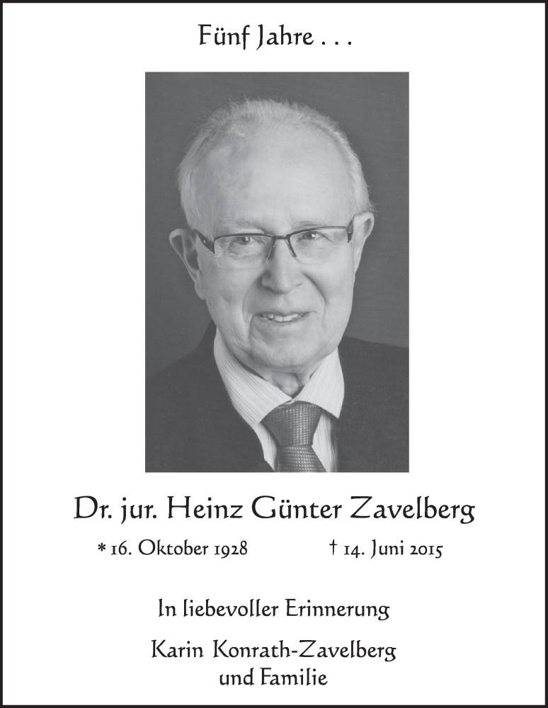  Traueranzeige für Heinz Günter Zavelberg vom 12.06.2020 aus  Schlossbote/Werbekurier 
