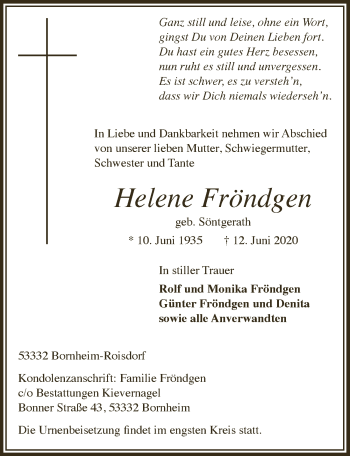 Anzeige von Helene Fröndgen von  Schaufenster/Blickpunkt 