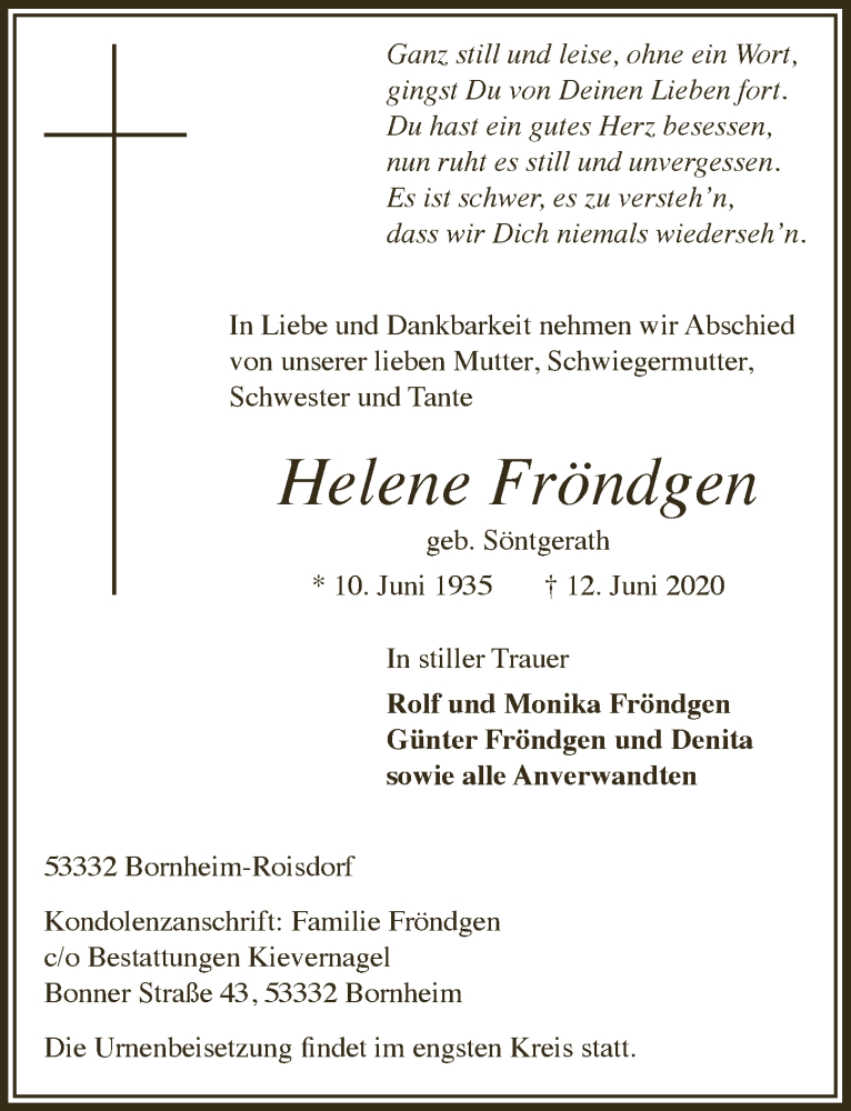  Traueranzeige für Helene Fröndgen vom 19.06.2020 aus  Schaufenster/Blickpunkt 
