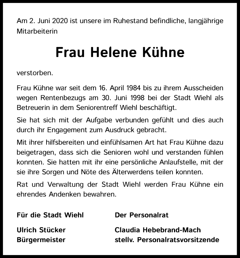  Traueranzeige für Helene Kühne vom 18.06.2020 aus Kölner Stadt-Anzeiger / Kölnische Rundschau / Express