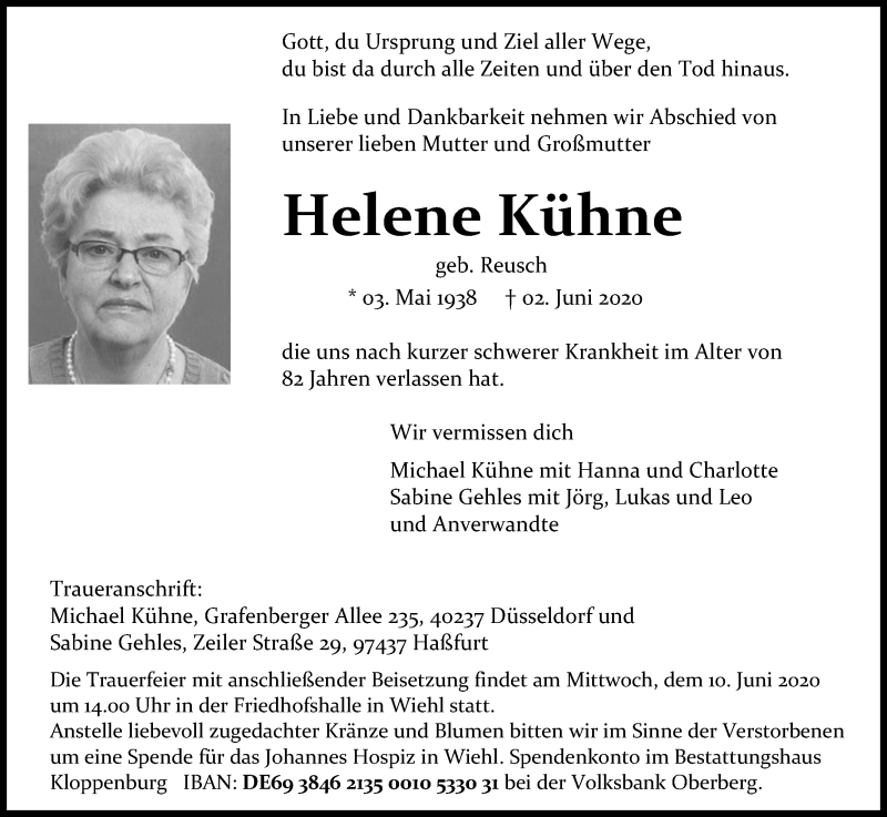  Traueranzeige für Helene Kühne vom 06.06.2020 aus Kölner Stadt-Anzeiger / Kölnische Rundschau / Express