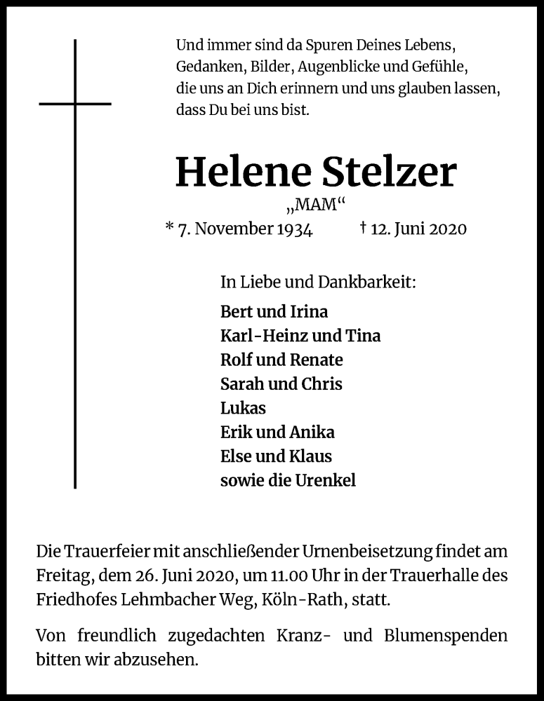  Traueranzeige für Helene Stelzer vom 23.06.2020 aus Kölner Stadt-Anzeiger / Kölnische Rundschau / Express