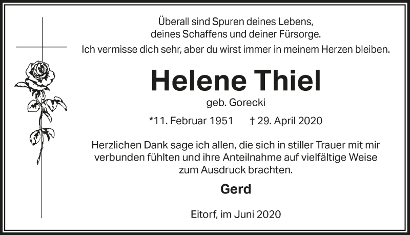  Traueranzeige für Helene Thiel vom 05.06.2020 aus  Extra Blatt 