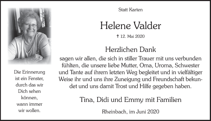  Traueranzeige für Helene Valder vom 26.06.2020 aus  Wochenende 