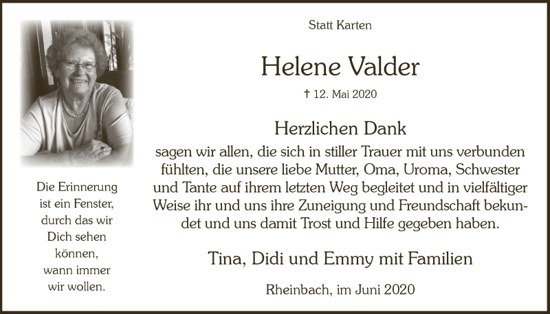  Traueranzeige für Helene Valder vom 26.06.2020 aus  Schaufenster/Blickpunkt 