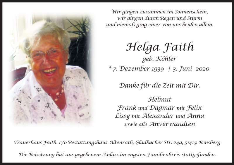  Traueranzeige für Helga Faith vom 20.06.2020 aus Kölner Stadt-Anzeiger / Kölnische Rundschau / Express