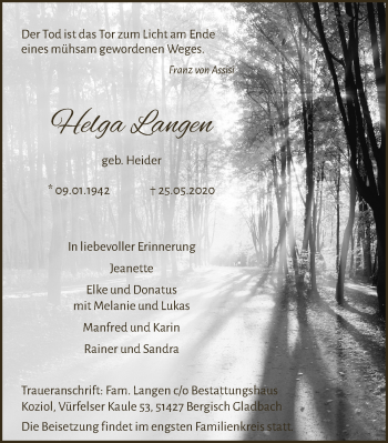 Anzeige von Helga Langen von  Bergisches Handelsblatt 