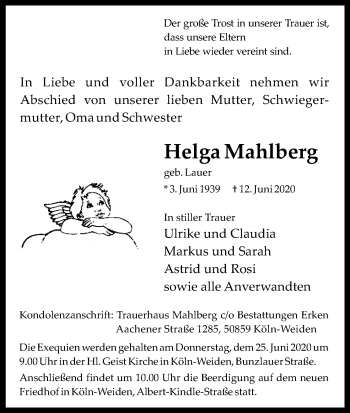 Anzeige von Helga Mahlberg von Kölner Stadt-Anzeiger / Kölnische Rundschau / Express