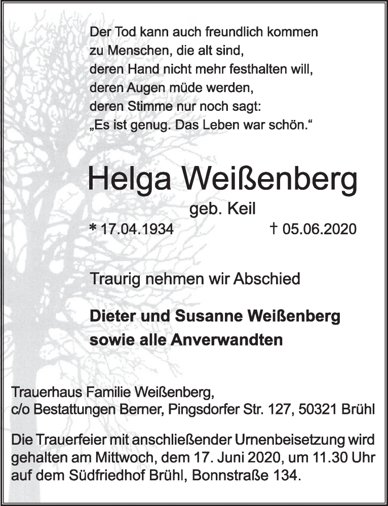  Traueranzeige für Helga Weißenberg vom 12.06.2020 aus  Schlossbote/Werbekurier 