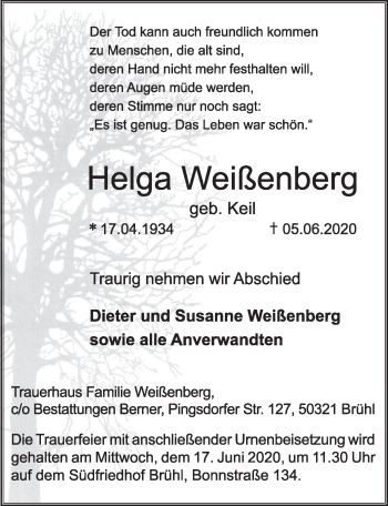 Anzeige von Helga Weißenberg von  Schlossbote/Werbekurier 