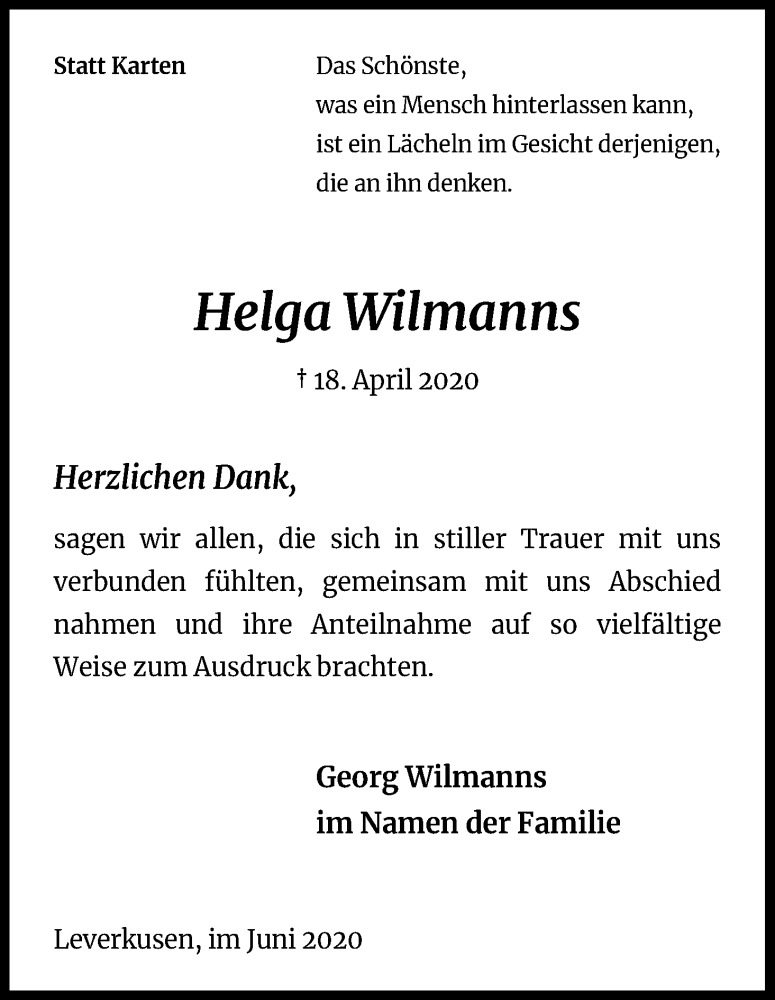  Traueranzeige für Helga Wilmanns vom 06.06.2020 aus Kölner Stadt-Anzeiger / Kölnische Rundschau / Express