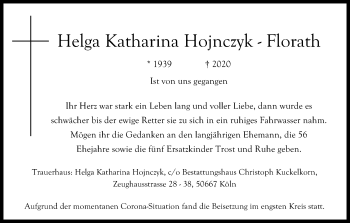 Anzeige von Helga Katharina Hojnczyk-Florath von Kölner Stadt-Anzeiger / Kölnische Rundschau / Express