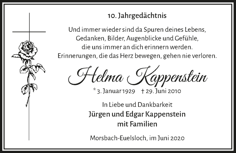  Traueranzeige für Helma Kappenstein vom 26.06.2020 aus  Lokalanzeiger 